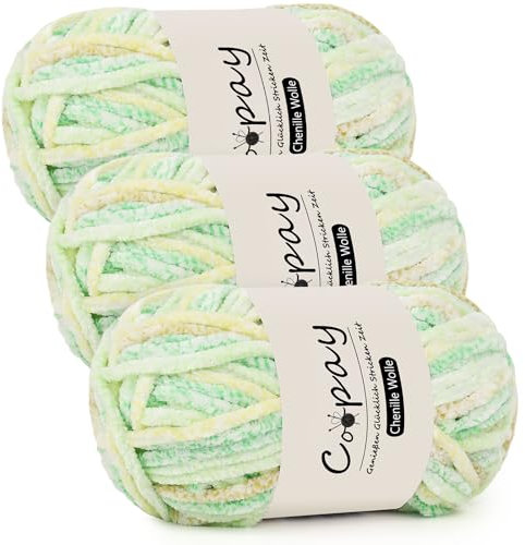 Coopay Chenille Wolle zum Häkeln, 3x100g Samtig Chenillegarn, Dicke Flauschige Weich Chenille Garn, Chenille Wolle, Weicher Plüschwolle Häkelgarn für Decken, Schals - Chalcedon-Fluoreszenz