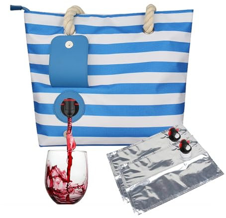 Sac à Vin Plage avec Distributeur Caché/Compartiment Isolé, Sac De Transport Portable, pour Films, Concerts, Plages, Piscines, Shopping (Bande Bleue)