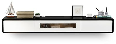 Moderno mobile mobile per TV con porta e console multimediale in legno, per casa e ufficio, ripiano sotto il mobile TV, con supporto da scrivania, nero e bianco (160 cm)