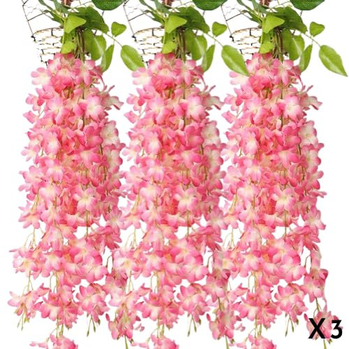 Design Vegetal - Glycine Artificielle - Fausse Plante tombante pour intérieur - Idéale pour Une décoration Mariage - 30 pétales de Fleurs artificielles en Soie Rose Scintillantes - Pack de 3 Plantes