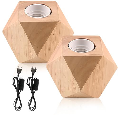 WIYETY Lot de 2 lampes de table en bois, lampe de chevet E27, pied en bois, petite lampe de chevet avec pied en bois diamant, prise UE, pied en bois E27, parfaite pour chambre/salon/bureau (sans ampou