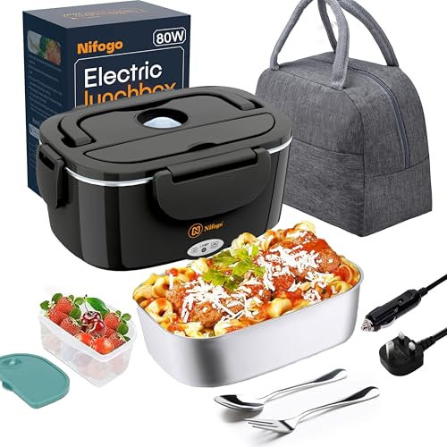 Fitamilia Electric Lunch Box Food Heater 80W Portable Heated Lunch Box for Adults 3 in 1 Portable Food Warmer230V/12V/24V, with 1,5L Removable Stainless Steel Container&Bag (1.5L-Black)
