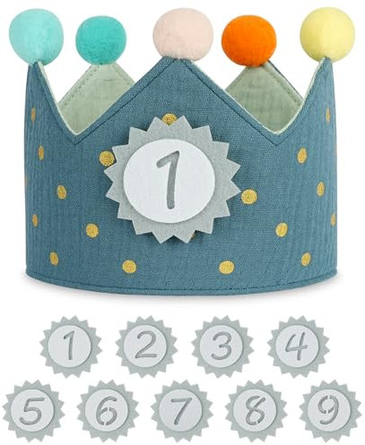 URAQT Geburtstagskrone Kinder, Geburtstagskrone Stoff, Geburtstag Kinderkrone, Krone Geburtstag für Jungs Mädchen mit Happy Birthday Spruchband und Auswechselbaren Zahlen von 1-9 (Dots - Blau)