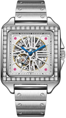 DAXIAOYU Quadratische Diamant-Intarsien-Design, Herren, automatische mechanische Uhr, modisch, ausgehöhltes Zifferblatt, luxuriös, wasserdicht, Business-Armbanduhr, Silber, Weiß, Luxuriös