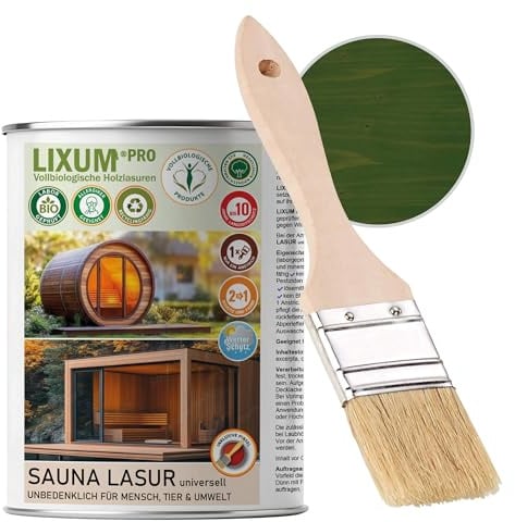 LIXUM PRO 100% biologische & natürliche BIO Sauna & Fasssauna Holzlasur - Holzschutz & Holzpflege, Farbe: Dunkelgrün 0.91, Inhalt:1000 ml (ca.30m²)