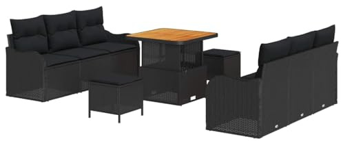 vidaXL Garten-Sofa-Set mit Kissen 9 pcs Schwarz 80 x 80 x 71 cm, Garten und Terrasse, modernes Rattansofa-Set, verstellbare Füße, Stauraum, Outdoor Lounge, Sommer entspannt genießen