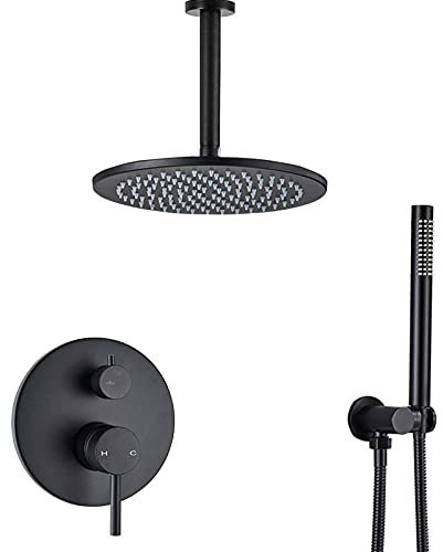 Shower system Matte Black Shower Faucet Brass Rainfall Concealed Shower Mixer Tap In-wall 8/10/12/16 Rain Shower Head Diverter Mixer Valve,16inch Ceiling Mount
