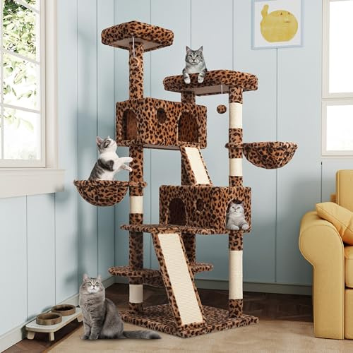 MUTICOR 168 cm Grand Arbre à Chat pour Grands félins d'intérieur/Perchoirs douillets en Peluche/Niches/griffoir pour Chat/Hamac et paniers/Maison de Jeux/Base Large/Imprimé léopard