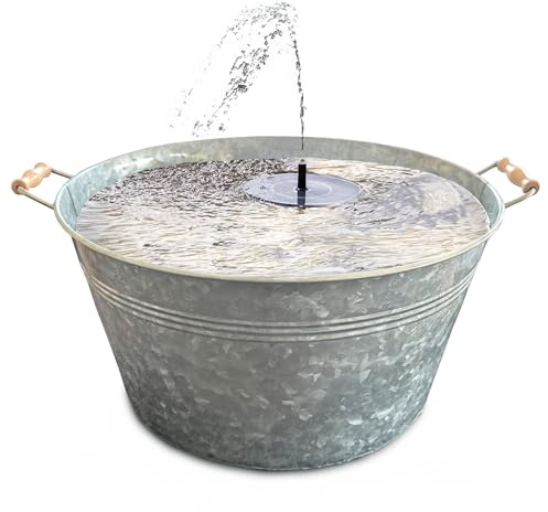 Solarbrunnen Set für draußen 50 cm Zink-Schale - Dekoschale und Schwimmende Solar Springbrunnen Fontäne als Outdoor Wasserspiel - Außen Gartenbrunnen als Balkon Vogeltränke, Garten Vogelbad