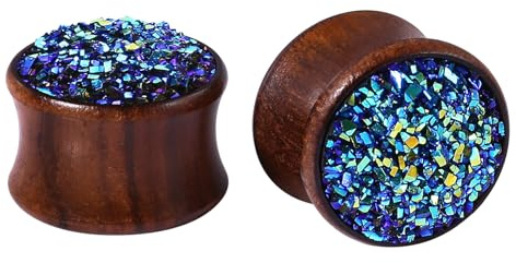 Calefee Ohr Plug aus Holz, Flesh Tunnel Glitzer Blau oder Weiß 8mm bis 20mm, Piercing Schmuck für Damen Herren Ohr Expander 2Er Set
