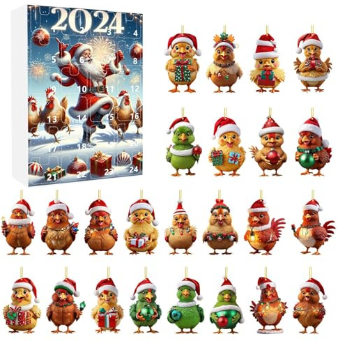 Advent Calendar 2025 Kids Toy Christmas 2D Christmas Home Chicken Ornaments With Santa Hats 2024 Holiday Advent Calendar Tree 2D Ornaments Tree Set (24pcs） 2 (Orange, One Size)
