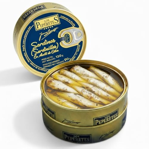 LOS PEPERETES Sardinillas Sardinen aus Galicien in nativem Olivenöl Extra 120 g | Gourmet-Sardinen | Premium-Handwerkskonserve | Blaufisch aus den Rías Gallegas