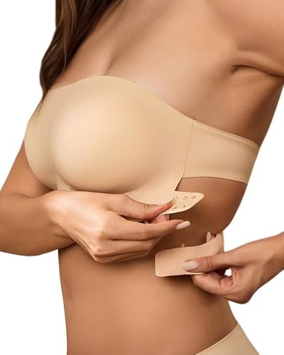 SHARICCA Trägerloser BH Damen ohne Bügel Nahtlos BH ohne Träger Push Up Nahtlos Tube Top Komfort BHS Seamless Bralette mit Rutschfestes Silikon(Beige-1P01-XL)