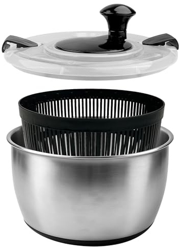 Chiluxendo Centrifuga Insalata Acciaio Inox, Asciuga Insalata con Coperchio e Manico, Centrifuga Frutta e Verdura Lavaggio con Base Antiscivolo per Lava, Asciuga e Serve(5L, ø 24.5cm)