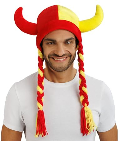 Chaks - Helm mit Hörnern und Zöpfen, Fan Kostüm Accessoire, Stoffhelm für Fan Outfits bei WM, EM und Public Viewing