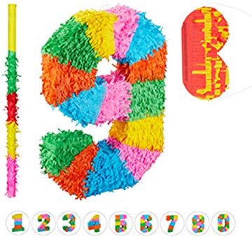 Relaxdays 3 TLG. Pinata Set Geburtstag, Zahl 9, Pinatastab mit Augenmaske, Kinder & Erwachsene, Piñata zum selbst Befüllen, bunt
