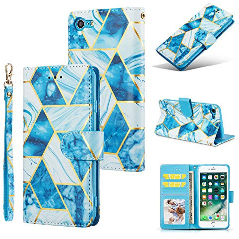 DEFBSC Case for iPhone SE 2022/2020,iPhone 7/8, Premium PU Leather Geometric Marble Pattern Wallet Case with Detachable Wrist Strap, Magnetic Closure Card Slots Shockproof Marble Flip Cover- Blue