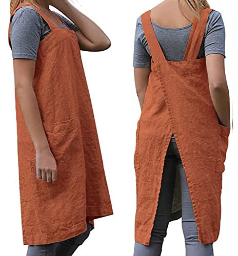 Damen Schürze mit überkreuzten Rücken, mit großen Taschen, für Zuhause, Küche, Restaurant, Café, Kochen und Gartenarbeiten - Orange - XX-Large