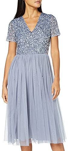 Maya Deluxe Damen Midi-Kleid mit V-Ausschnitt, Verziert Brautjungfernkleid, Dusty Blue, 50