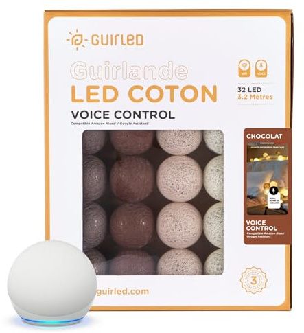 GuirLED - LED Baumwollkugeln Lichterkette WIFI USB - Sprachsteuerung - Connected Home - Amazon Alexa & Google Assistant - 2xUSB-Netzadapter enthalten - 32 Kugeln 3,2m - Schokolade