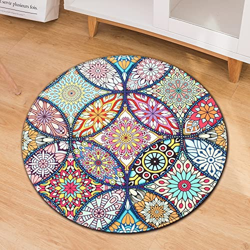 Morbuy Runder Teppich Innenbereich, Nordischer Stil Flur Teppich Polyester Wohnzimmer Fussabstreifer rutschfest und Waschbar Praktische Fußabtreter - Böhmisches Mandala (120cm,Kaleidoskop)