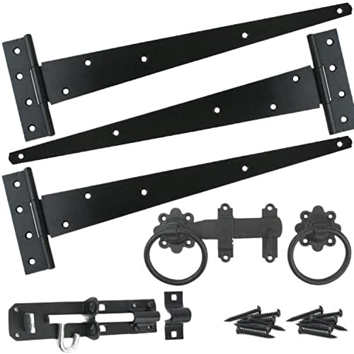 Gate Hinge Kit Fitting Set 16 Hinges Brenton Bolt Ring Latch Wooden Gate Black - HAVEN HERITAGE