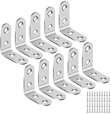GAOHUI Angle Brackets, 10pcs Corner Brackets for Wood, Stainless L Shaped Bracket, 40x40x2mm, 90 Degree Plate Metal Angle Bracket, for Shelves, Furniture, Wood, with 40 Screws