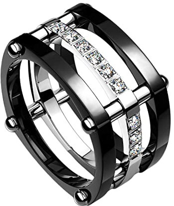 Taffstyle Band Ring Titan 3 teilig viereckig mit Zirkonia Herrenring Damenring Partnerring Verlobungsring Damen Herren Schwarz Silber Größe 60 (19.1)