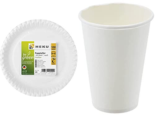 Heku 30409: 100 Pappteller, weiß, rund, Ø 23cm, 100% Frischfaser ohne Beschichtung & 30903: 50 Pappbecher, weiß, 0,2l