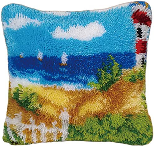VIONNPPT Knüpfkissen Knüpfset Zum Selber, DIY 3D Knüpfen Kissen Set, Latch Hook Kits für Kinder Erwachsene Und Anfänger,Kreatives Geschenk, Meer und Leuchtturm,43 cm × 43 cm