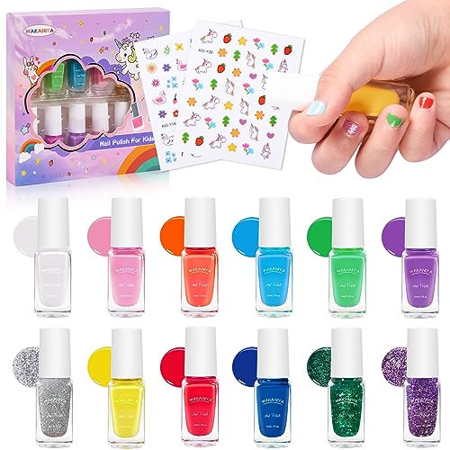 wakaniya Nail Polish Set for Kids, 12 Colors Non-Toxic Peel-Off Girls Nail Polish Set with Nail Stickers, Water-Based Quick Dry Nail Varnish Gifts Set for Girls Kids Toddlers