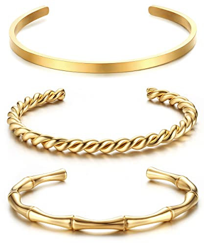 JeweBella 3 Stück Armreif Damen Silber/Gold Edelstahl Einfaches Armband Offen Set Stapelbar Glatt Poliert Twist Maschette Armreif Armband Breite 4MM