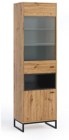 Lomadox Wohnzimmer Esszimmer Vitrine mit Glasböden in Artisan Eiche Nb., B/H/T ca. 60/202/40 cm