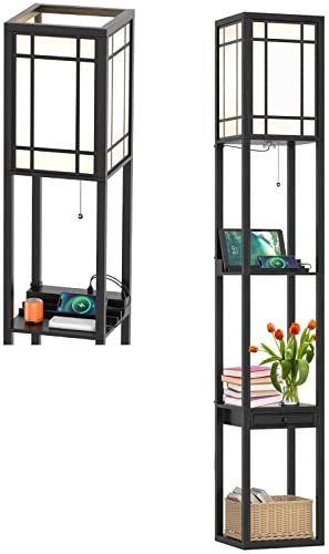 TANGZON Floor Lamp with Shelves, 3 Tiers Wooden Shelf Tall Standing Light with 2 USB Charging Ports & Drawer, Corner Standard Lamp for Living Room Bedroom (Linear Patterns)