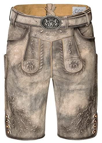 Schöneberger Trachten Lederhose Herren kurz | Original Wildbockleder Trachtenlederhose Antik/EIS-Grau inkl. Trachtengürtel | Vintage Trachtenhose Karl (52)