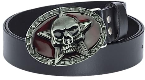 NALANY Herren Und Damen Western Cowboy Ledergürtel Schädel Kopf Eingelegt Stern Ovale Schnalle Taillenband Jeans Dekorative Punk Goth Leder Gürtel(130cm/waist:45, Black)