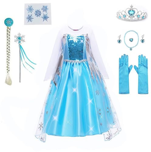 Yigoo ELSA Eiskönigin Prinzessin Kostüm Kleid Mädchen Kinder mit elsa kostüm Geschenke Accessoires- Perücke,Zauberstab,Krone,Kopfschmuck 120