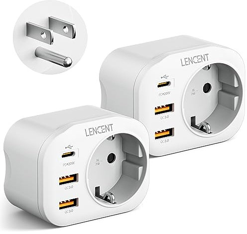 LENCENT 2X Adaptador Enchufe USA/EE.UU, Adaptador Americano de Viaje con Carga Rápida QC3.0+PD20W, Europa España Portugal 2-Pin a 3-Pin EE.UU para México, Canada, Tailandia, Perú, Colombia, Tipo B
