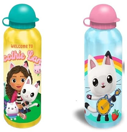 2x Gabbys Dollhouse Cat Water Bottles Lightweight 500ml Aluminum BPA Free Drinking Leakproof KBT Disney Bottles for Kids, Ideal for On the Go, Gym, Sports and Travel 3+ Year | 21cm