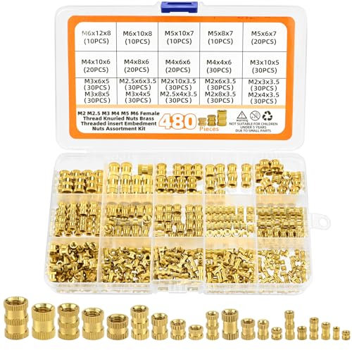 480 Stk Gewindeeinsatz, M2 M2.5 M3 M4 M5 M6 Einpressmutter Messing Gewindebuchsen Innengewinde Rändelmuttern mit Kunststoff-Box für Kunststoffteiledurch Wärme oder Ultraschall in 3D-Drucker Teile