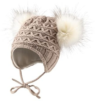 Sterntaler Strickmütze mit Bommeln aus Kunstpelz - Mädchen Mütze mit tollem Strickmuster - Babymütze mit Futter aus weichem Baumwolljersey - Wintermütze mit Ohrenklappen und Bindeband - Sand,49