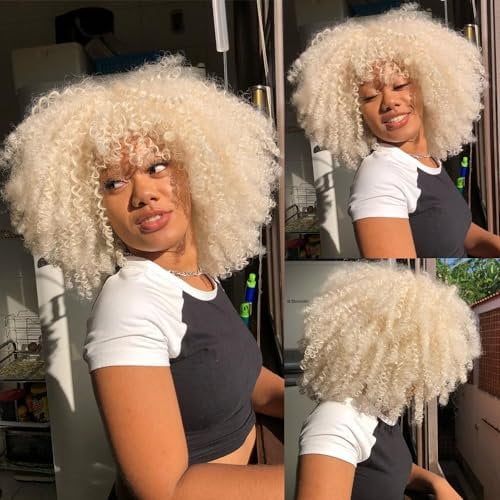 CoCrowns 14inch Short Curly Afro Wigs for Black Women Afro Kinky Curly Wig with Bangs No Glue Full and Fluffy like a Bomb Full wig(White)