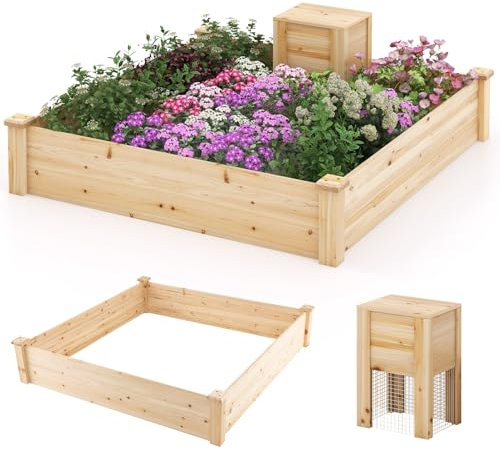 HOMASIS Cama Jardín Elevada con Compostera, Macetero de Madera de Cedro, 300 L con Contenedor de Compost 26 L, Cajones Jardín para Flores y Hierbas, jardín, terraza124 x 124 x 25,5 cm, Natural