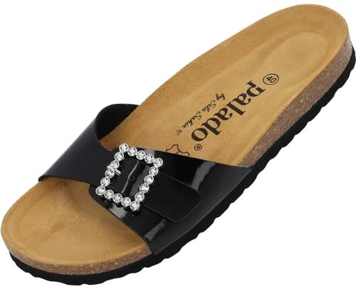 Palado Pantoletten Damen Malta SQ by Sila Sahin - elegante Sandalen Made in Spain - Hausschuhe mit Kork-Fußbett - modische Sommerschuhe Schwarz Lack UK6 - EU39