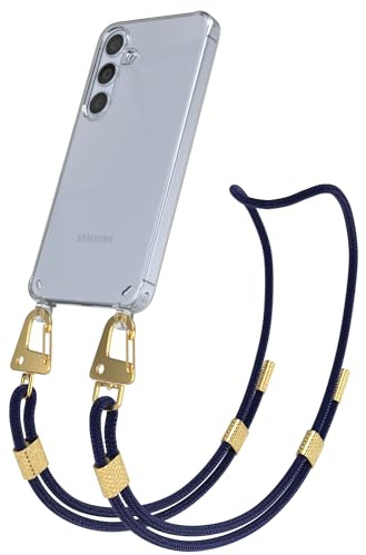 EAZY CASE - Handykette mit Karabiner kompatibel mit Galaxy S24 - Hülle Silikonhülle Fallschutz transparente Handyhülle Kette zum Umhängen Schutzhülle in Nacht Blau - Clips Gold