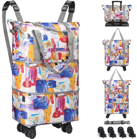 Voowo Reisetasche mit Rollen, faltbar, erweiterbar, Reisetasche mit Rädern für Reisen, Rollgepäck, Handgepäck mit Rollen, großer Rollrucksack, Wochenendtaschen für Männer und Frauen, GEOMETRIE, duffle