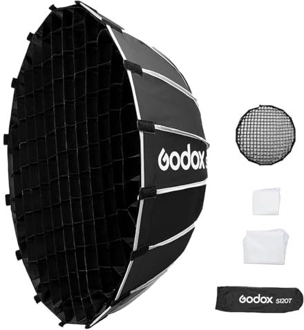 GODOX S120T Softbox 120 cm con griglia, chiusura rapida, schermo softbox, supporto standard Bowen, rimovibile, pieghevole, Nero, Tessuto, Softbox, Flash