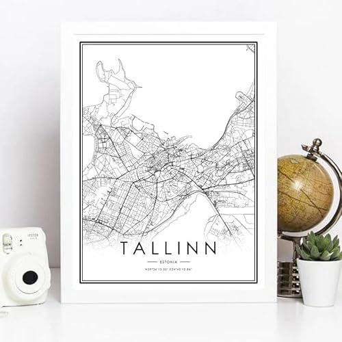 Baibexing Tallinn Stadtplan Leinwandbild Druck Schwarzweiß Estland Wandkunst Bild Modernes Reiseposter Nordisches Bürodekor 60X90Cm Kein Rahmen