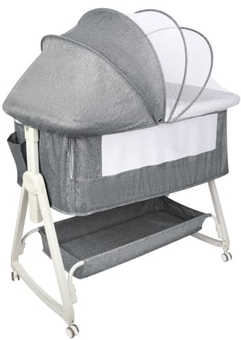 Drumm 3 in 1 Berceau Cododo,Lit de bébé de Chevet avec Matelas et Moustiquaire, Cododo Mobile Chambre Bébé pour 1 à 36 Mois Bébés,Hauteur en Réglable (92 * 52 * 106-116cm(Gris Lin))