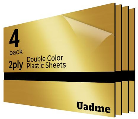Uadme Placa Acrilico Corte Laser, 4 Hojas de Plástico ABS, Placa de Grabado Láser de Doble Color, 20x30 cm para Grabado Láser,Placa de Plástico Personalizadas a Medida (Negro sobre oro espejo)